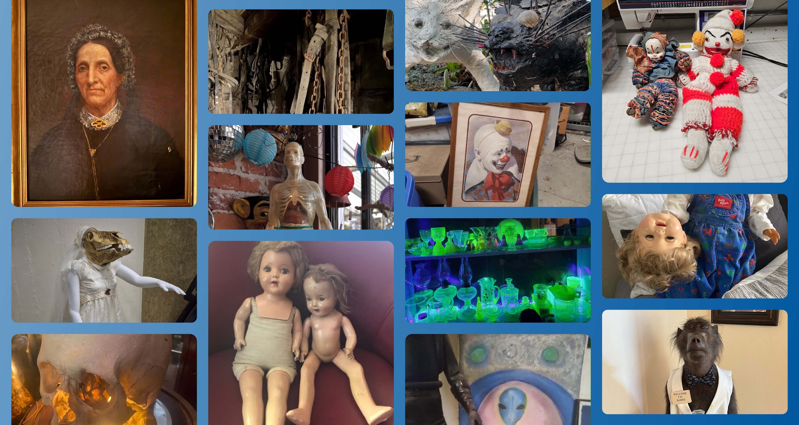 Photo collage featuring terrifying inherited items including eerie dolls, clown art, and unusual paintings and collectibles.