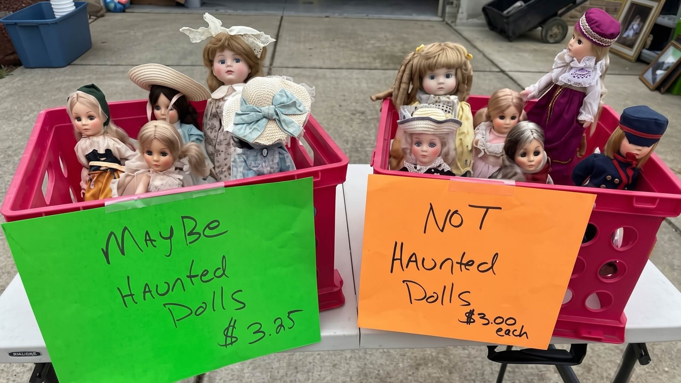 One bucket of dolls labeled “not haunted dolls” and one bucket of dolls labeled “maybe haunted dolls.”