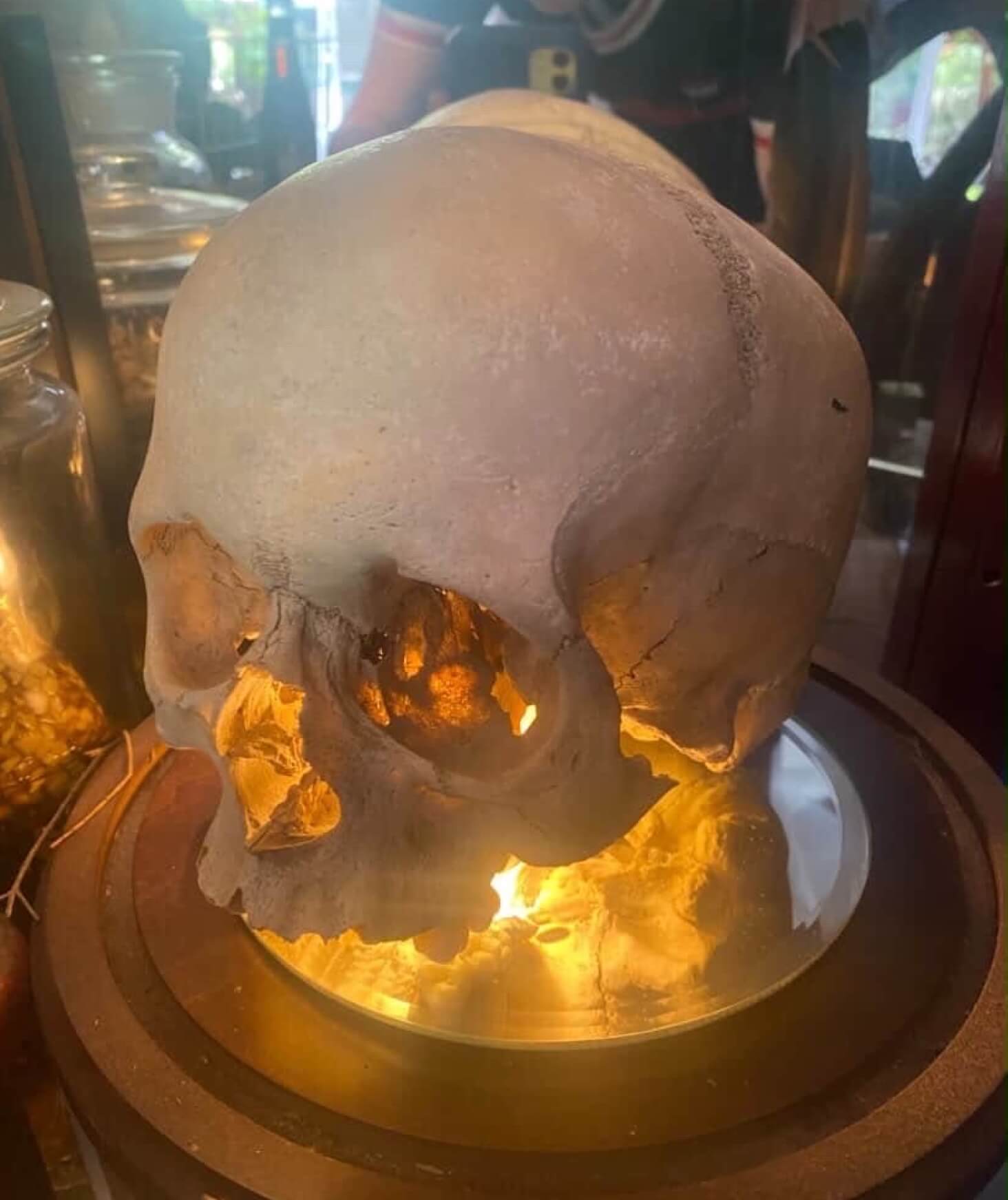 A skull that is lit up by a light.