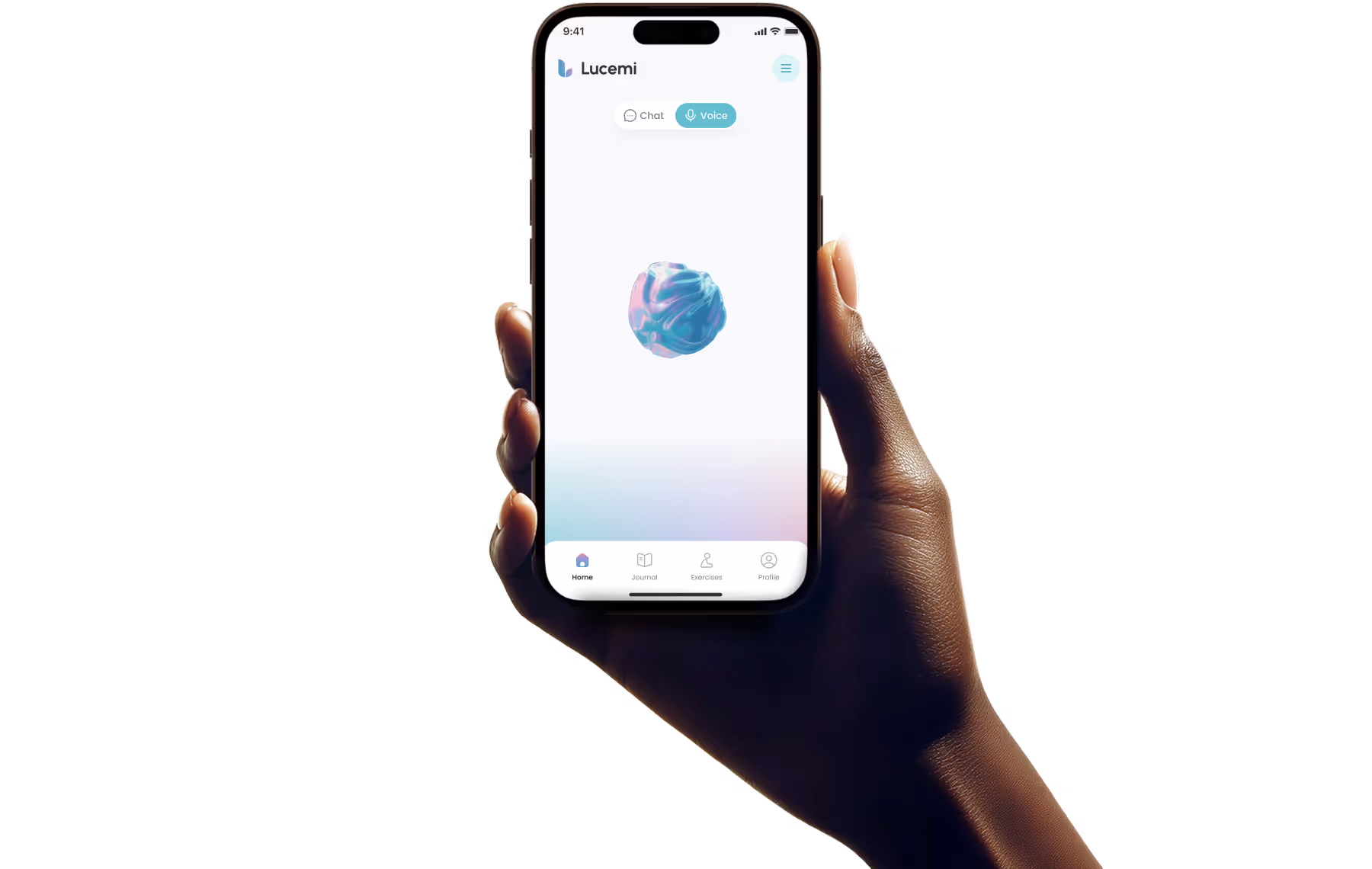 Lucemi app home screen with Chat and Voice options.
