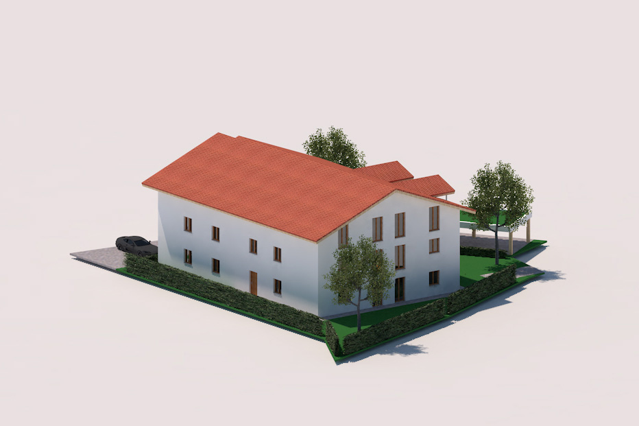 Straßenansicht der modernen Wohnanlage mit Satteldach, Hecken und Stellplatz