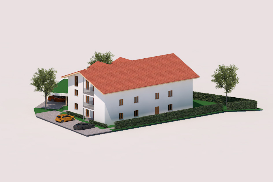 3D-Visualisierung der geplanten KfW-40-QNG-Plus Wohnanlage in Neuötting