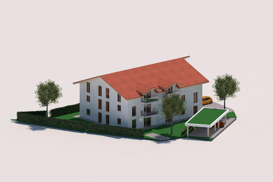 Mehrfamilienhaus in Oberbayern mit roten Dächern, Balkonen und Carport-Stellplätzen