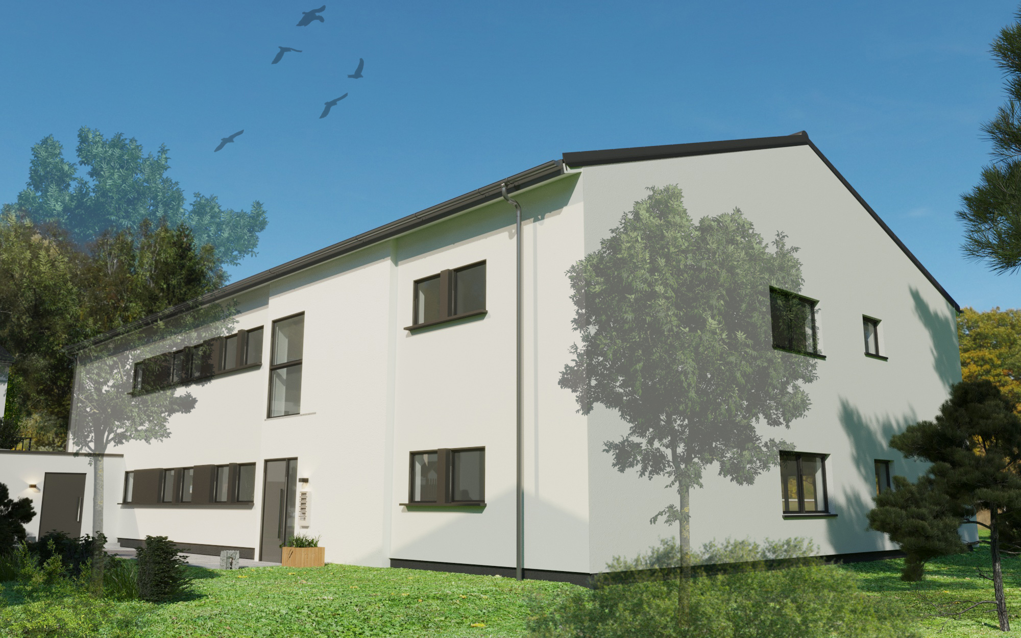 Modernes zweigeschossiges Wohnhaus mit weißer Fassade, großem Garten und blauem Himmel im Hintergrund