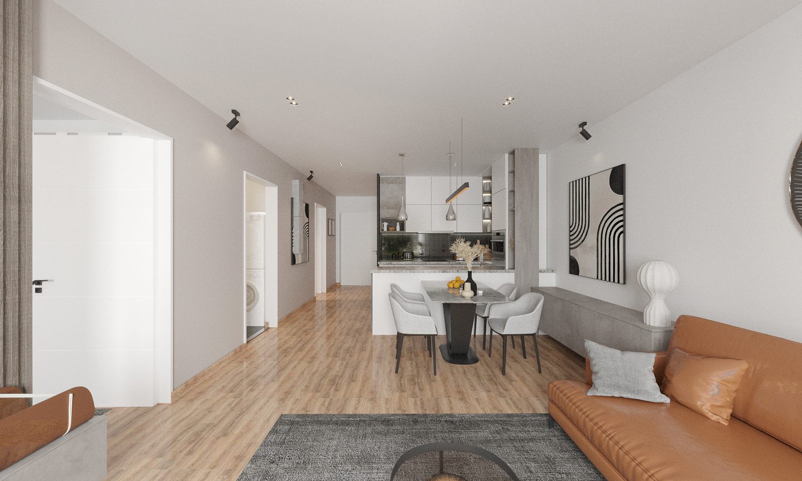 Helles Wohnzimmer mit offener Küche, Esstisch und braunem Ledersofa