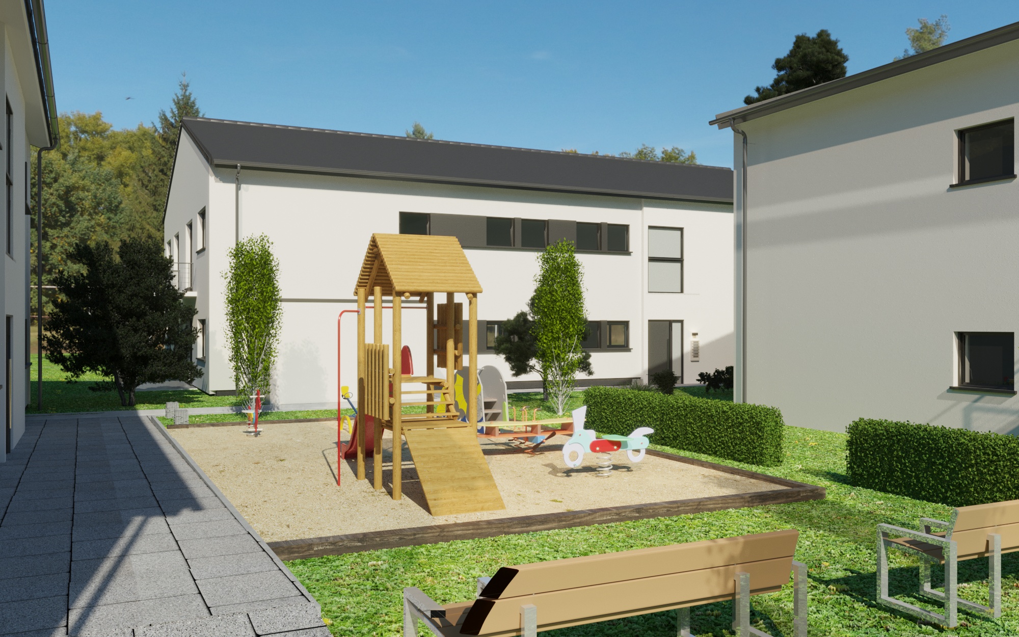 Familienfreundlicher Wohnkomplex mit Spielplatz und zweistöckigen Häusern