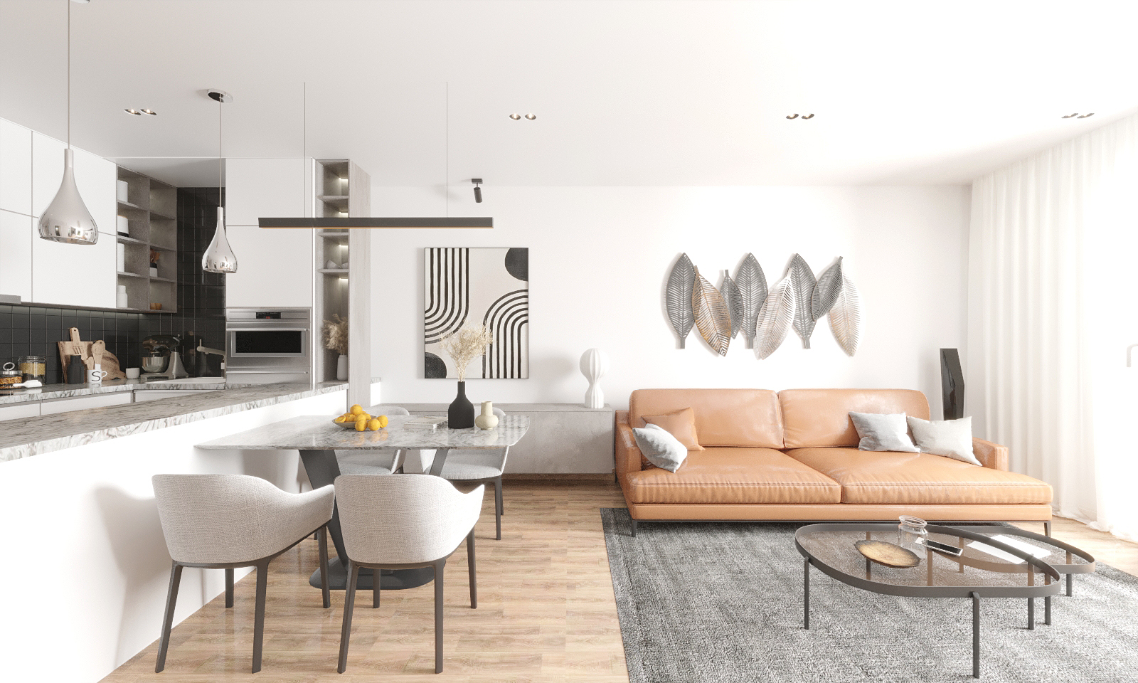 Moderner Wohn- und Essbereich mit offener Küche, brauner Ledercouch und Holzboden