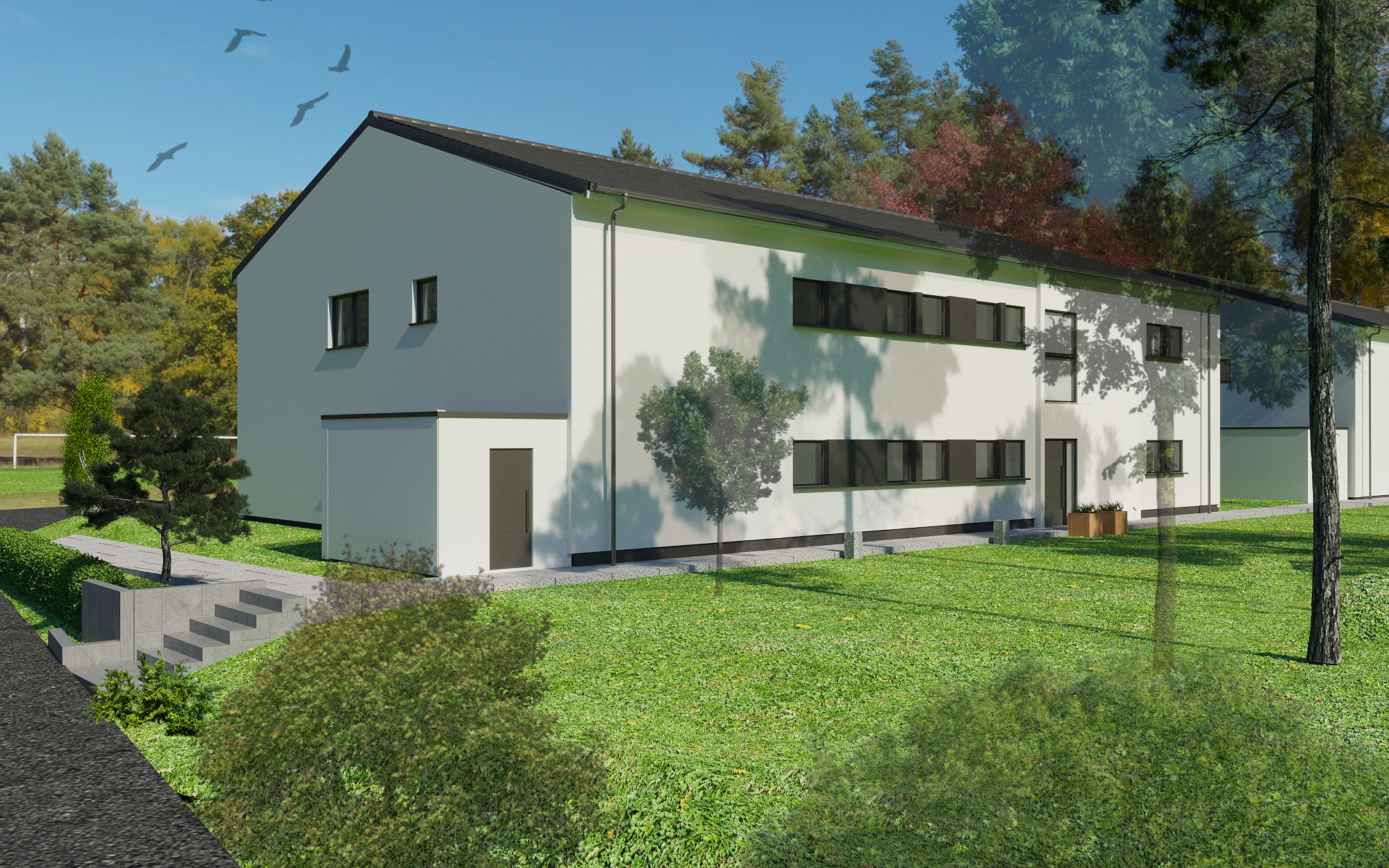 Modernes Doppelhaus mit weißer Fassade in grüner, baumreicher Umgebung