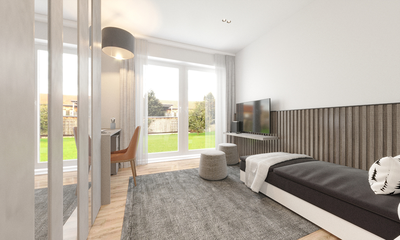 Helles Zimmer mit Bett, TV, Arbeitsbereich und Blick in den Garten