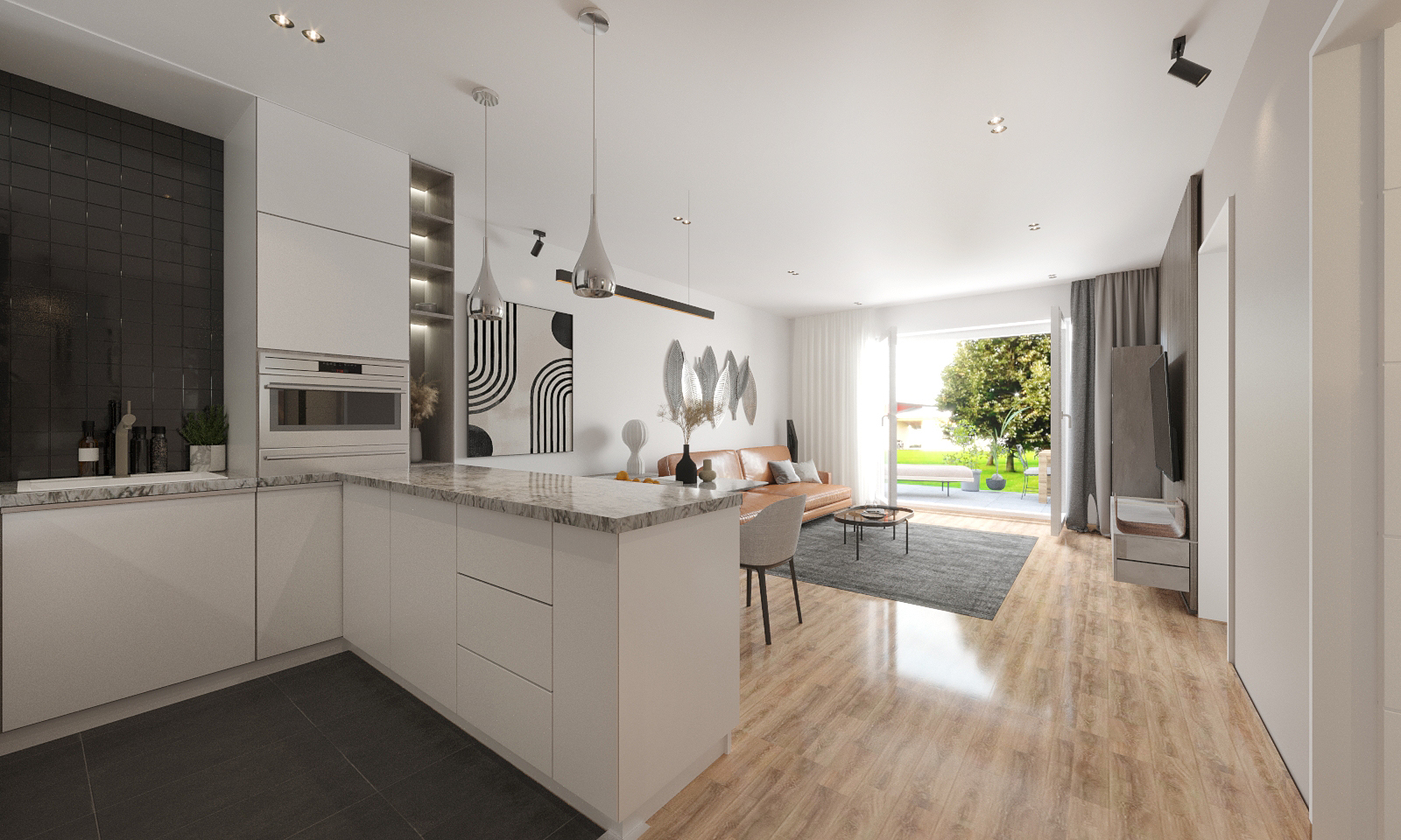 Heller offener Wohnbereich mit moderner Küche, Marmortheke und Blick in den Garten