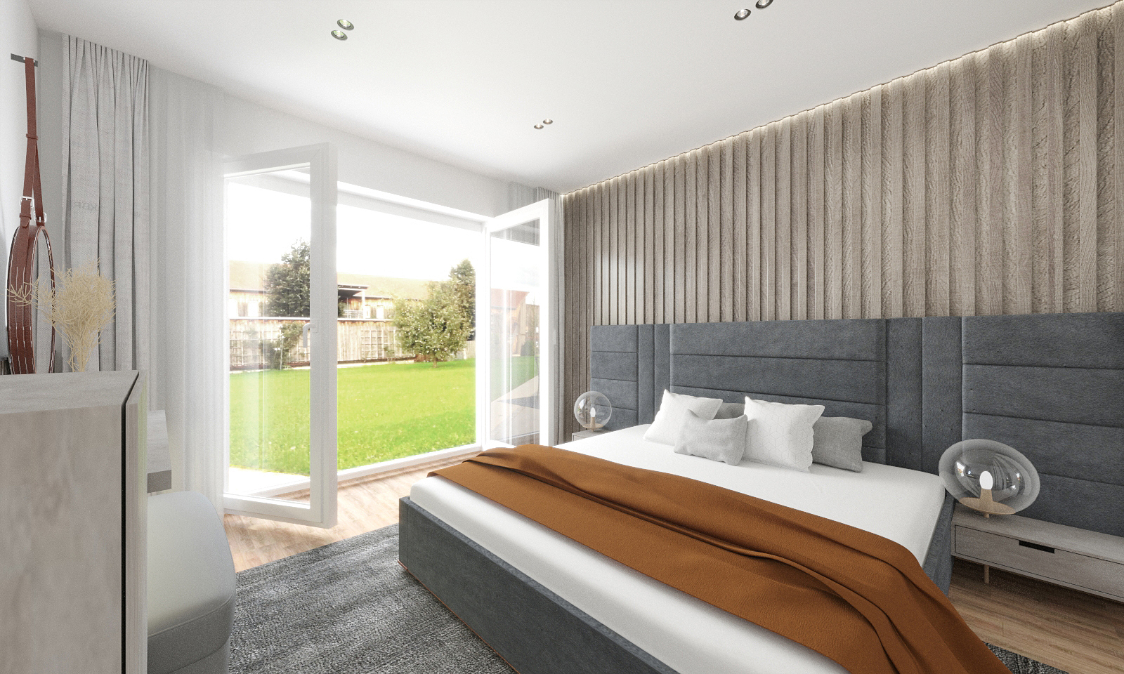 Modernes Schlafzimmer mit großem Bett, Designer-Rückwand und Zugang zum Garten