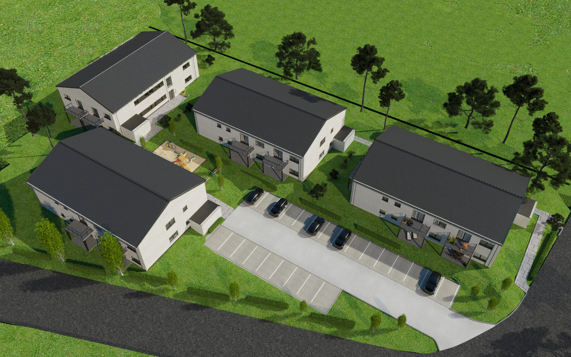 Luftaufnahme des Neubau-Wohnkomplexes mit vier Gebäuden, Grünflächen und Parkplätzen in Pocking