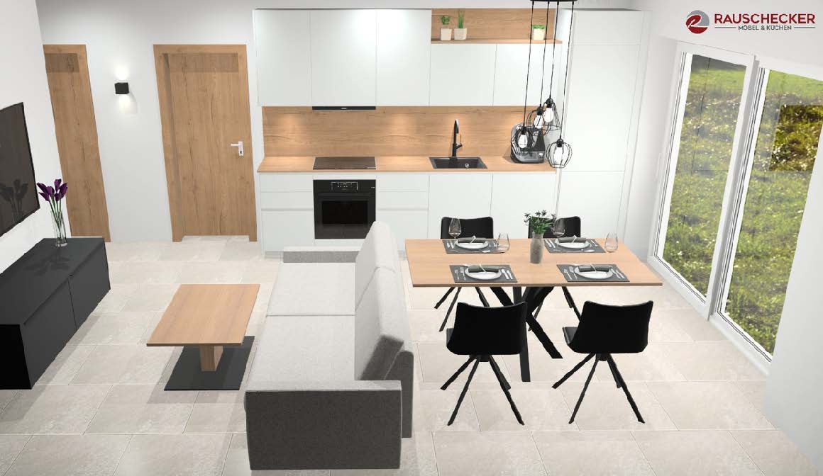 Heller Wohn-Essbereich mit weißer Küche, Esstisch und grauem Sofa