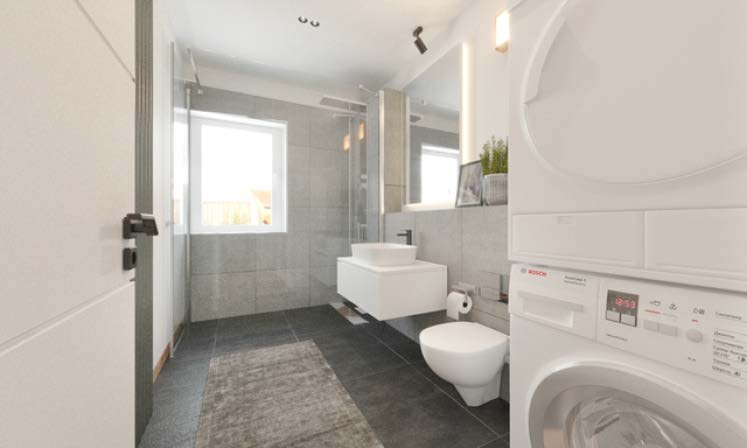 Modernes Bad mit bodenebener Dusche, WC, Waschtisch und Waschmaschine