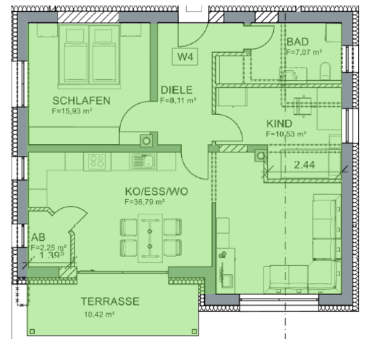 Grundriss der 3-Zimmer-Wohnung Reischach Top 4 mit Wohn-Ess-Kochbereich, Schlafzimmer, Kinderzimmer, Bad, Diele, Speis und Terrasse