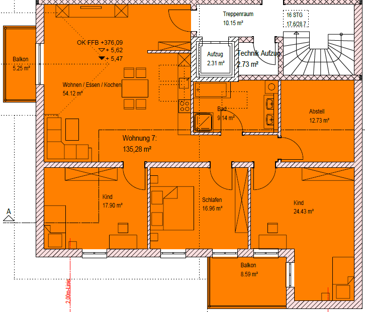 Grundriss Wohnung 7 im Dachgeschoss in Neuötting mit 4 Zimmern und zwei Balkonen, Wohnfläche ca. 131 m²