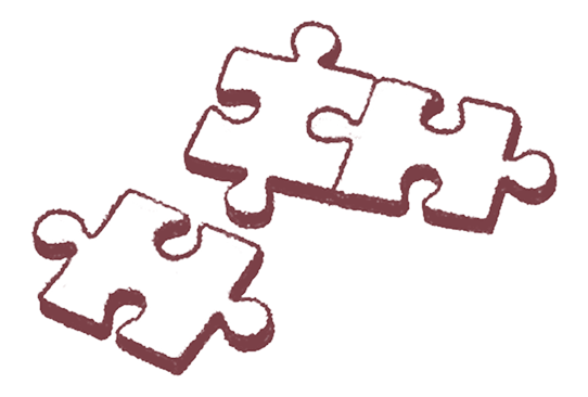 Three white jigsaw puzzle pieces with outlines, two connected and one separate on a transparent background.