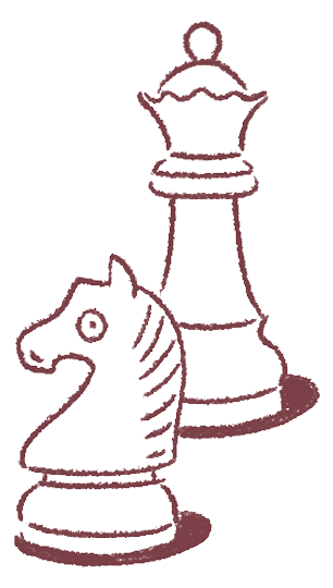 Illustration of a white chess knight and queen with brown outlines and shadows.