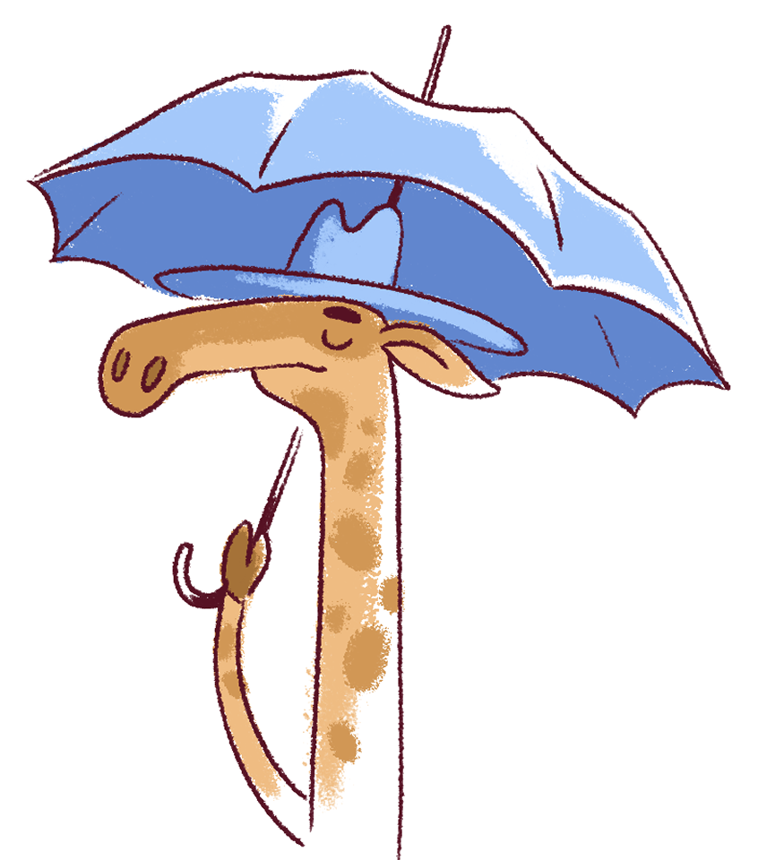 Illustration of a giraffe holding a blue umbrella with its tail, wearing a blue hat, eyes closed.