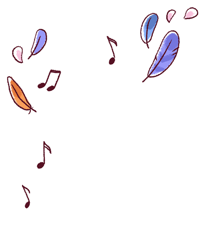 Illustration of colorful feathers and musical notes scattered on a transparent background.