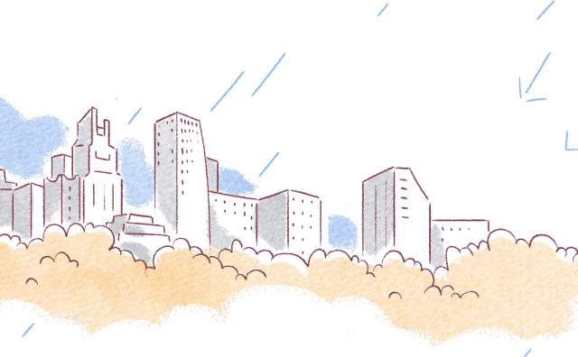 Illustration of a city skyline with tall buildings behind beige clouds and blue rain falling.