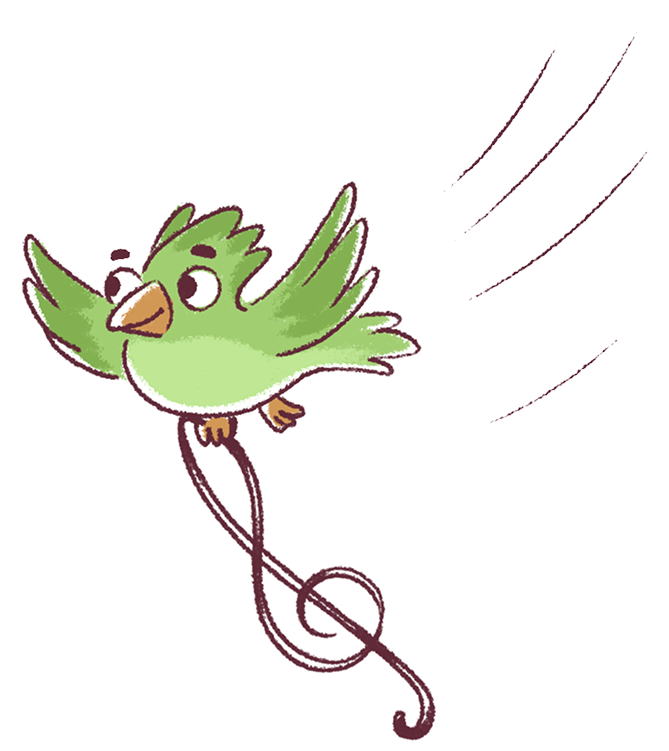 Green cartoon bird flying with a treble clef shape as its tail, emitting musical notes lines.