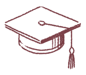 Simple brown line drawing of a graduation cap with a tassel.
