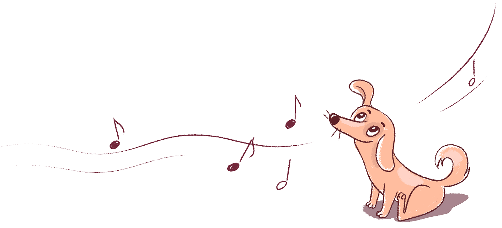 Cartoon dog sitting and looking up at floating musical notes on a black background.