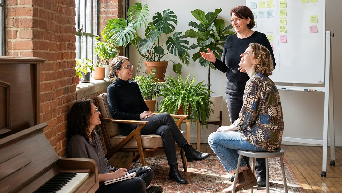 Elody team engaged in a discussion in a bright room with large plants, a whiteboard with sticky notes, and a piano.