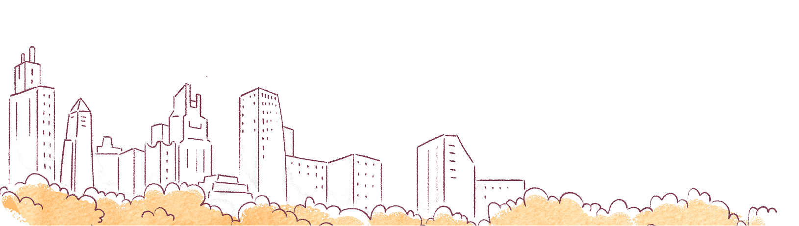 Stylized city skyline with various tall buildings behind a row of orange tree tops.