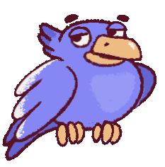 Animated blue bird with a large beak and half-closed eyes, appearing smug, on a dark maroon background.