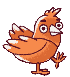 Animated orange bird with wide eyes and white wing tips flapping wings on a dark red background.