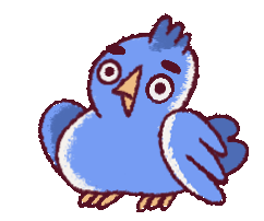 Animated blue bird with wide eyes and raised wings on a dark background.