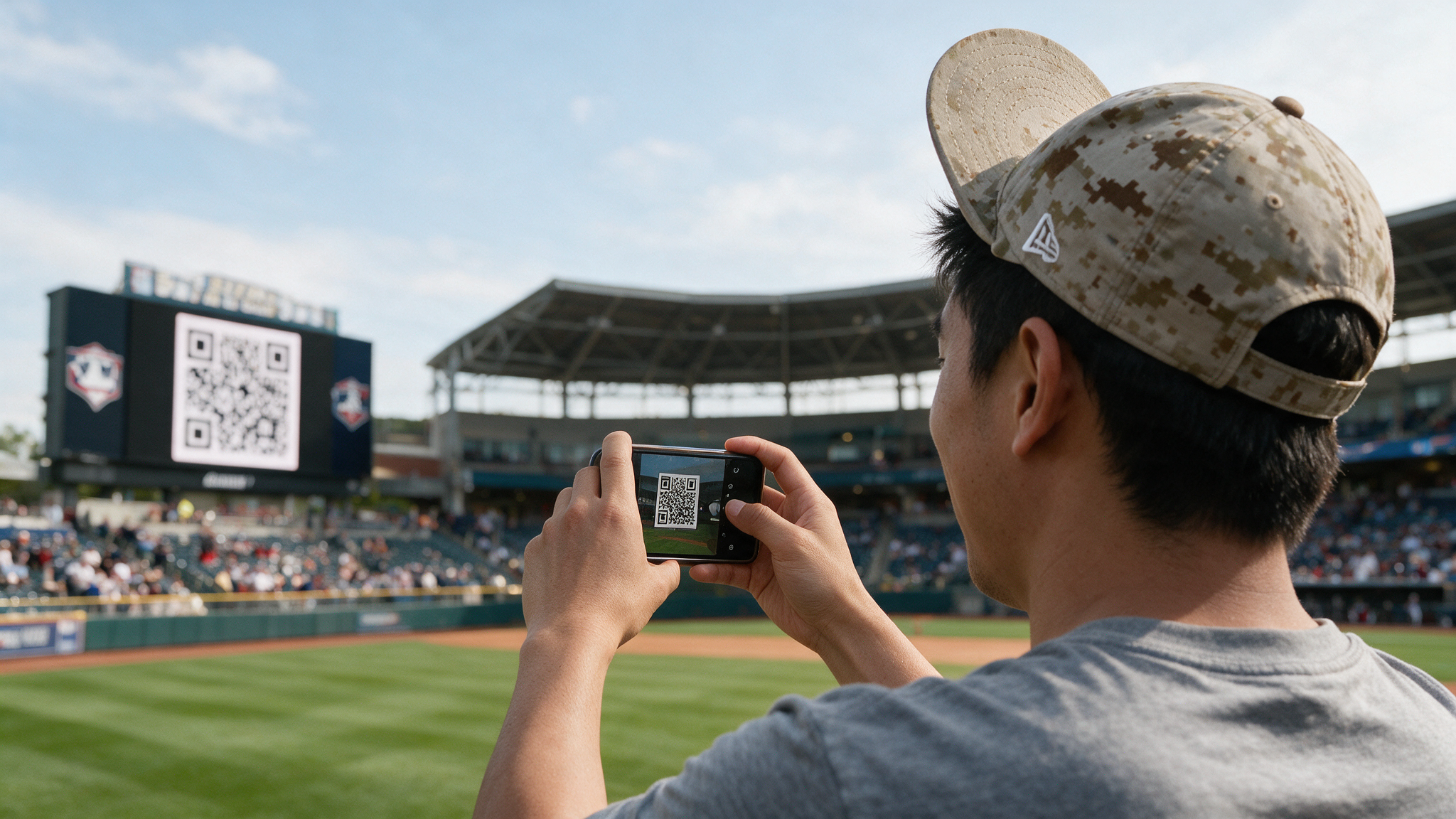 Fan scanning QR code in stadium
