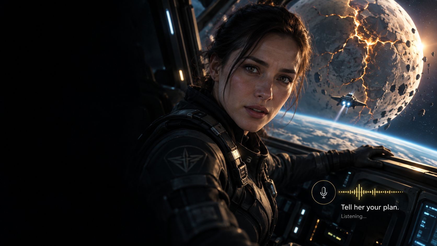 A pilot in a cockpit listening to the player: Tell her your plan