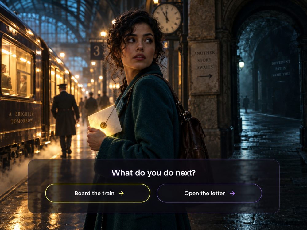 A woman at a train station chooses what to do next