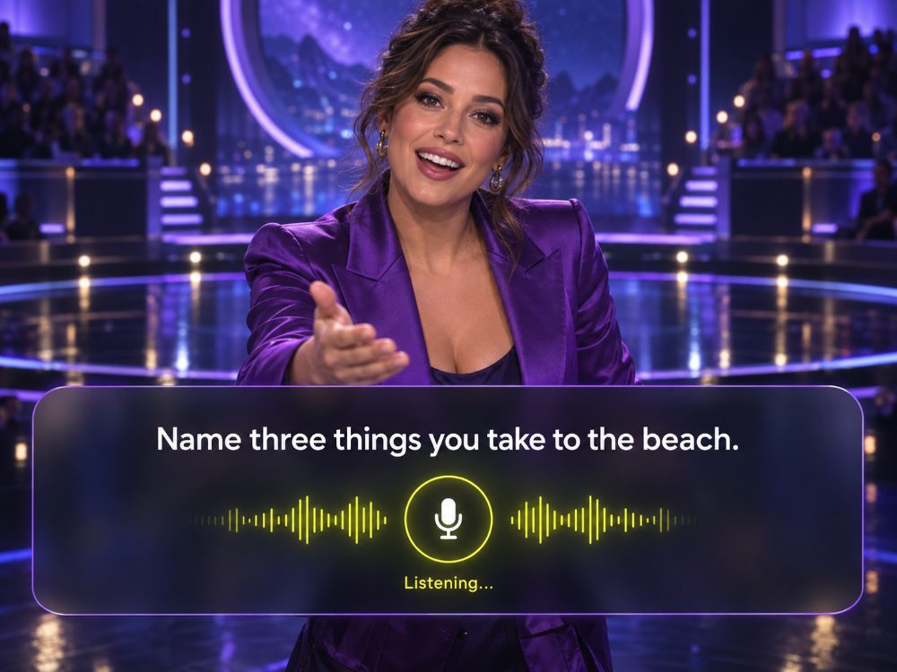A game show host asks a question
