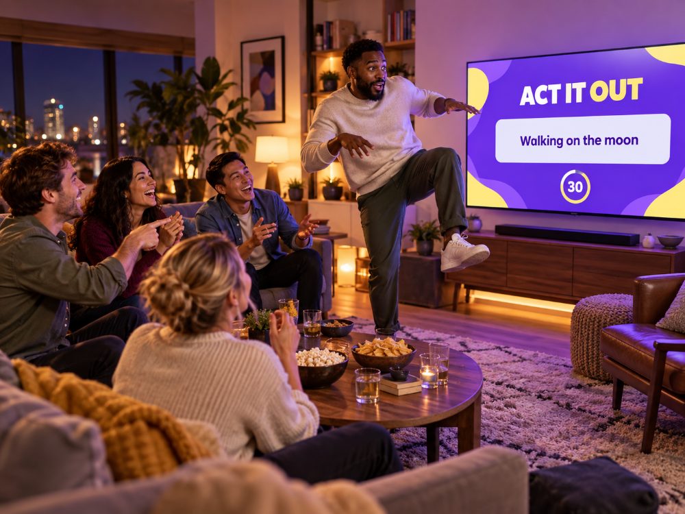 Friends playing Act It Out on a TV