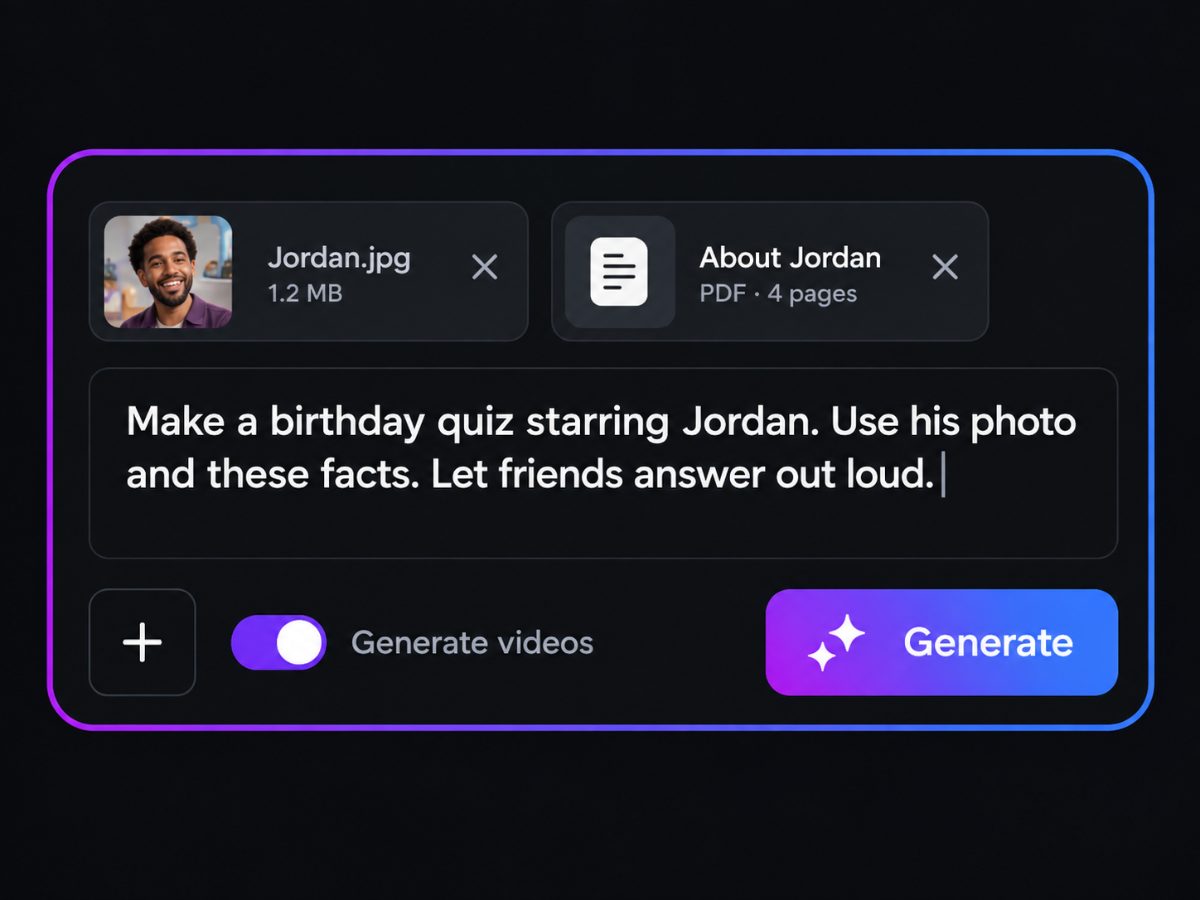 Prompt box: Make a birthday quiz starring Jordan, with a photo and PDF attached