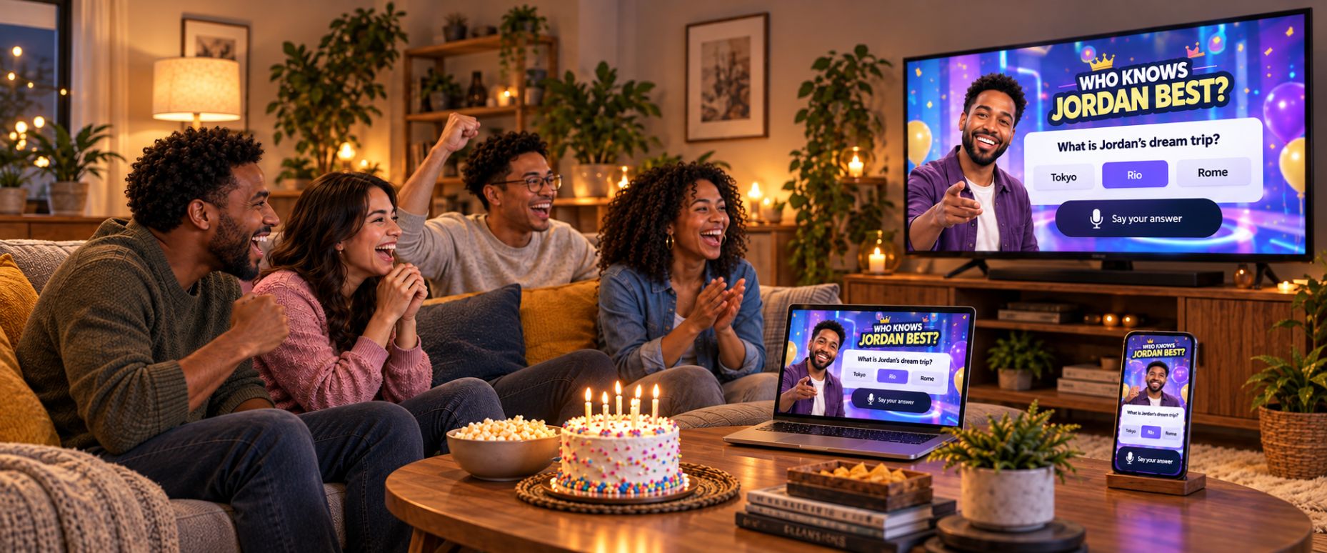Friends celebrate a birthday while playing Who Knows Jordan Best on a TV, laptop and phone