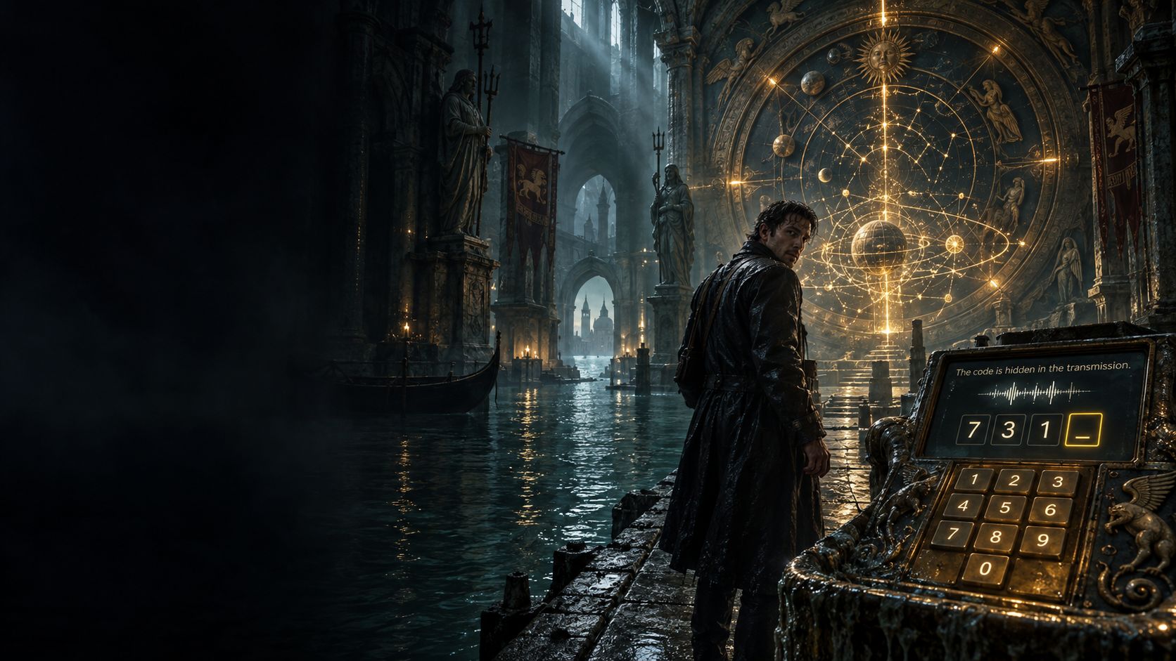 An explorer in a flooded cathedral entering a code hidden in a voice transmission