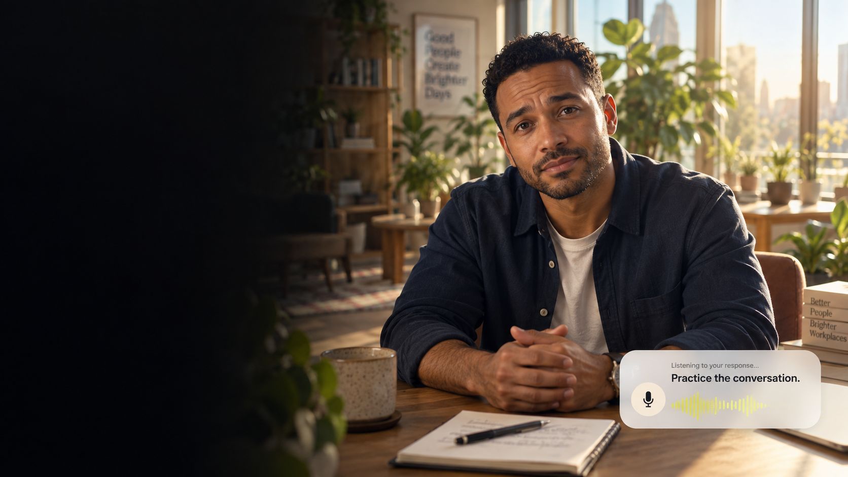 A man at a desk practicing a conversation with a voice-powered coach
