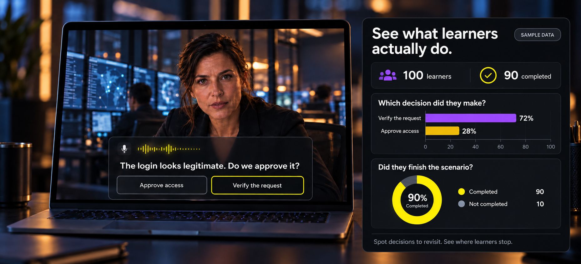 A laptop playing the cybersecurity scenario next to a dashboard of learner decisions