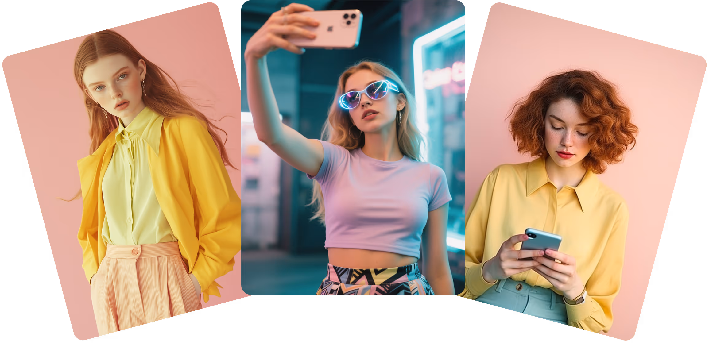 Three young women with light skin: one wearing yellow jacket and pastel pants against pink background, one taking a selfie with neon glasses at night, and one with curly red hair looking at phone against pink background.