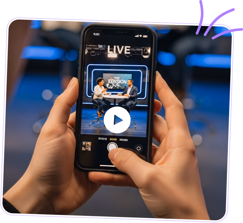 Close-up of hands holding a smartphone showing a live video of two people seated and talking in a studio.