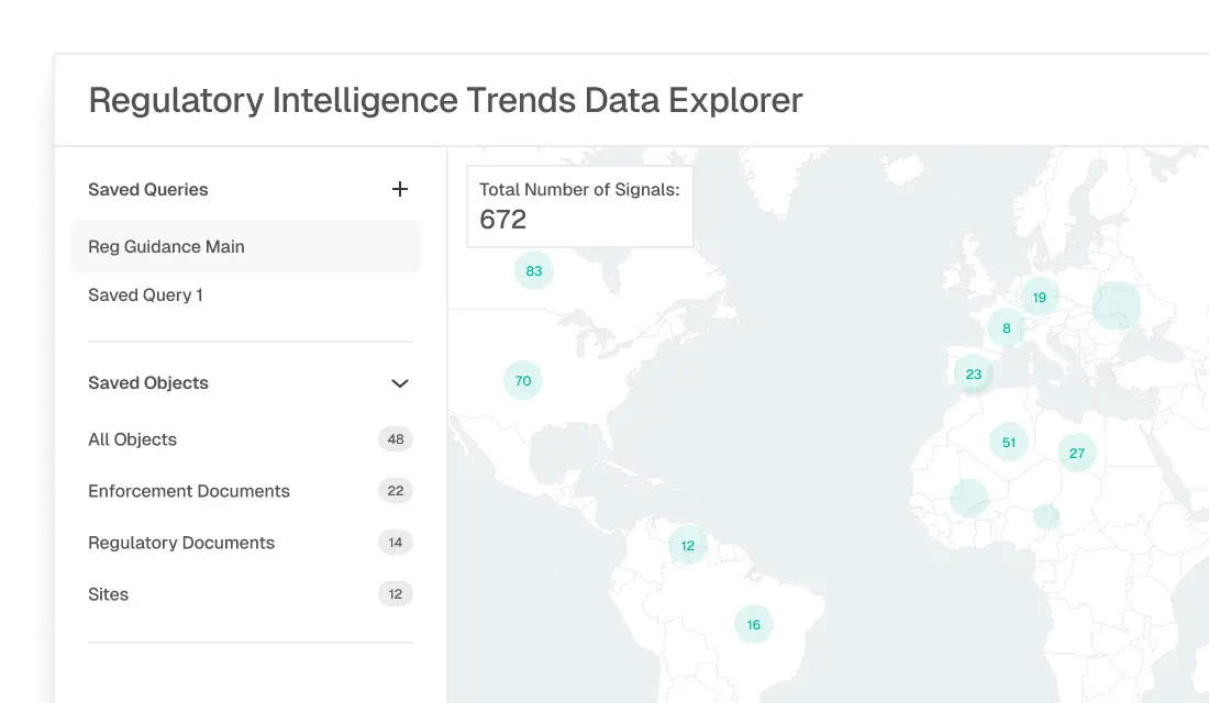 Regulatory Intelligence Trends Data Explorer interface showing saved queries, saved objects, and a world map with clusters of signal counts totaling 672.
