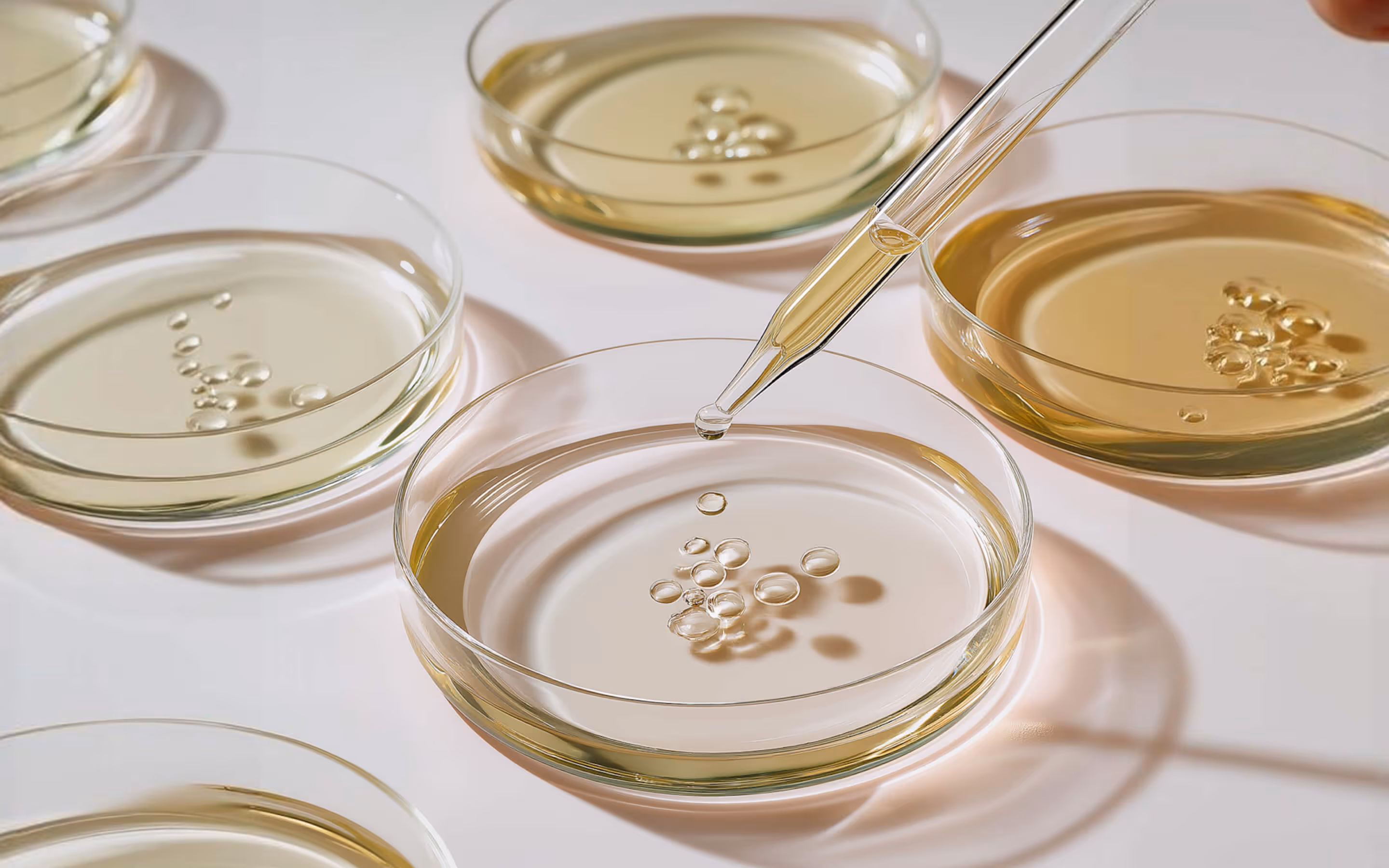Dropper releasing a liquid drop into a petri dish containing clear liquid, surrounded by similar petri dishes with bubbles.