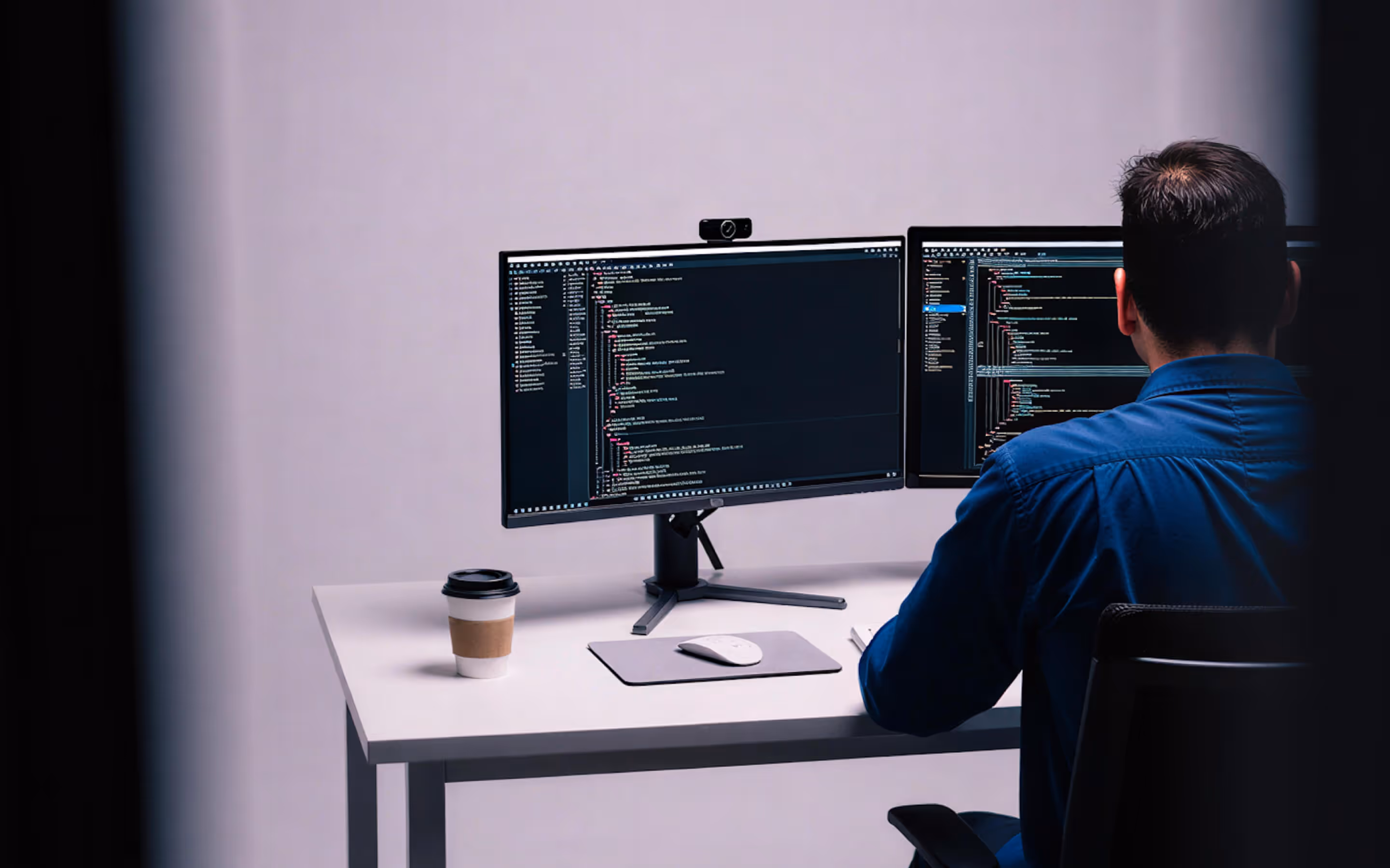 Person in blue shirt working on two widescreen monitors displaying code, with a coffee cup on a white desk.