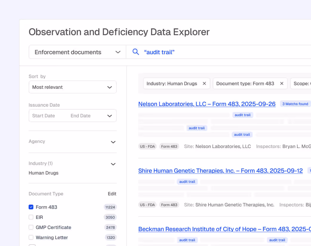 Web interface titled Observation and Deficiency Data Explorer showing filters for enforcement documents, industry Human Drugs, and document type Form 483 with search results listing companies and audit trail mentions.