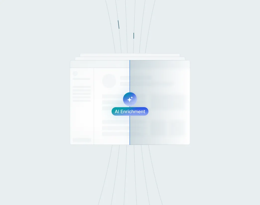 Illustration of a split computer screen with the words 'AI Enrichment' in the center and connected lines extending outward.